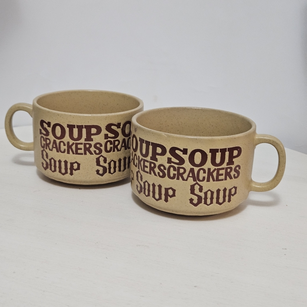 Vintage 1970s Soup Crackers Mug Bowls with Handle Stoneware Brown Japan